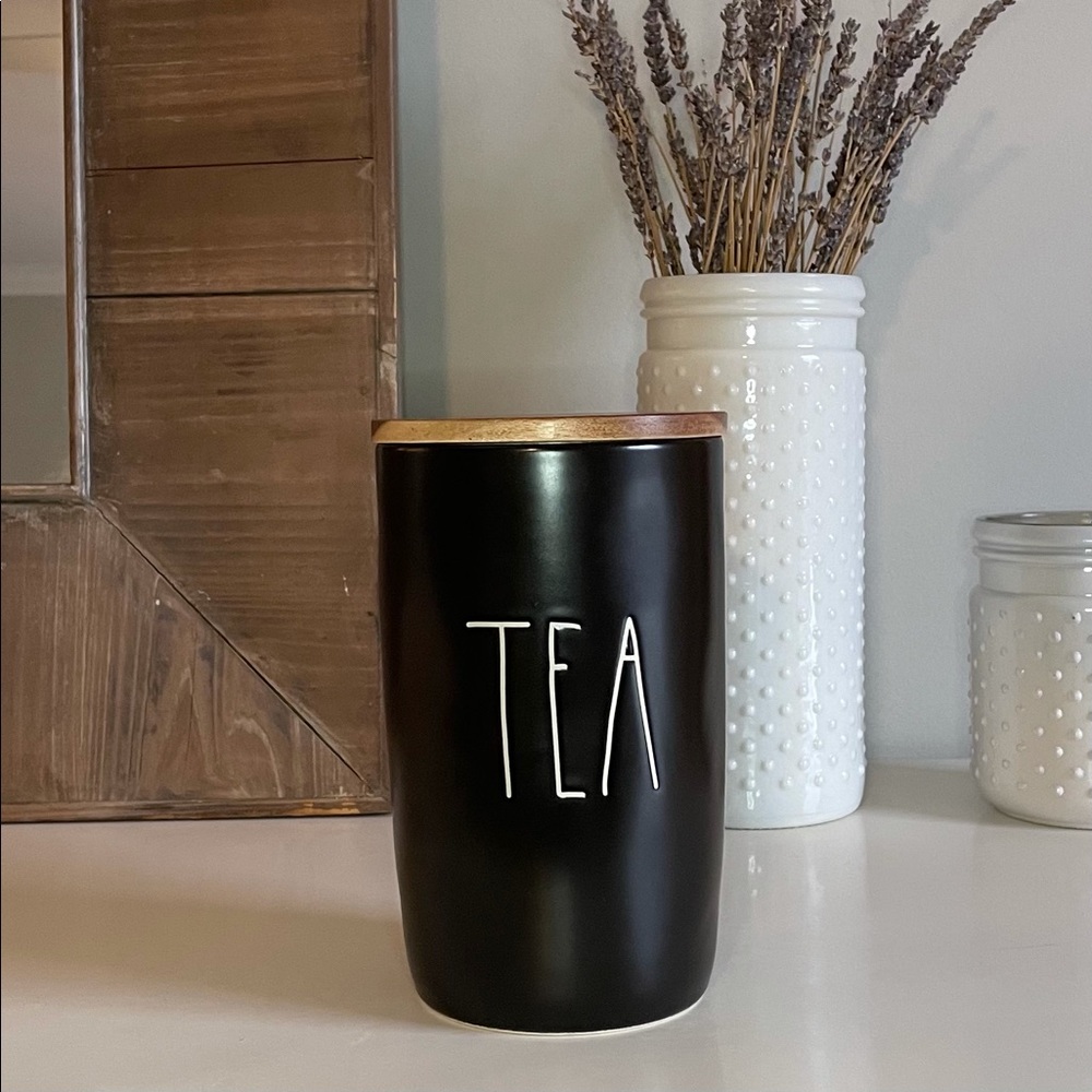 Rae Dunn Black Tea Cellar Canister w/ Wood Lid Top